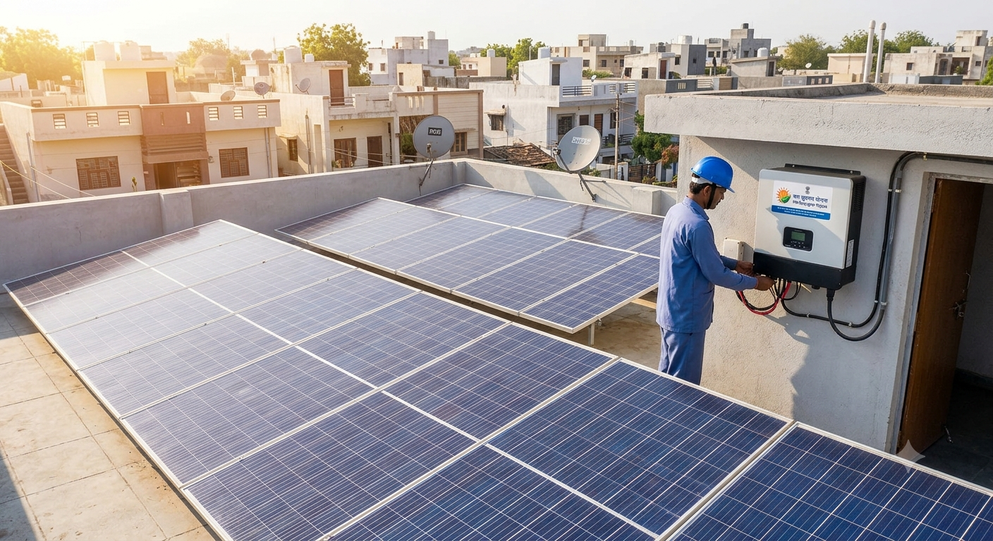 TSS technician connecting a rooftop solar installation in India
