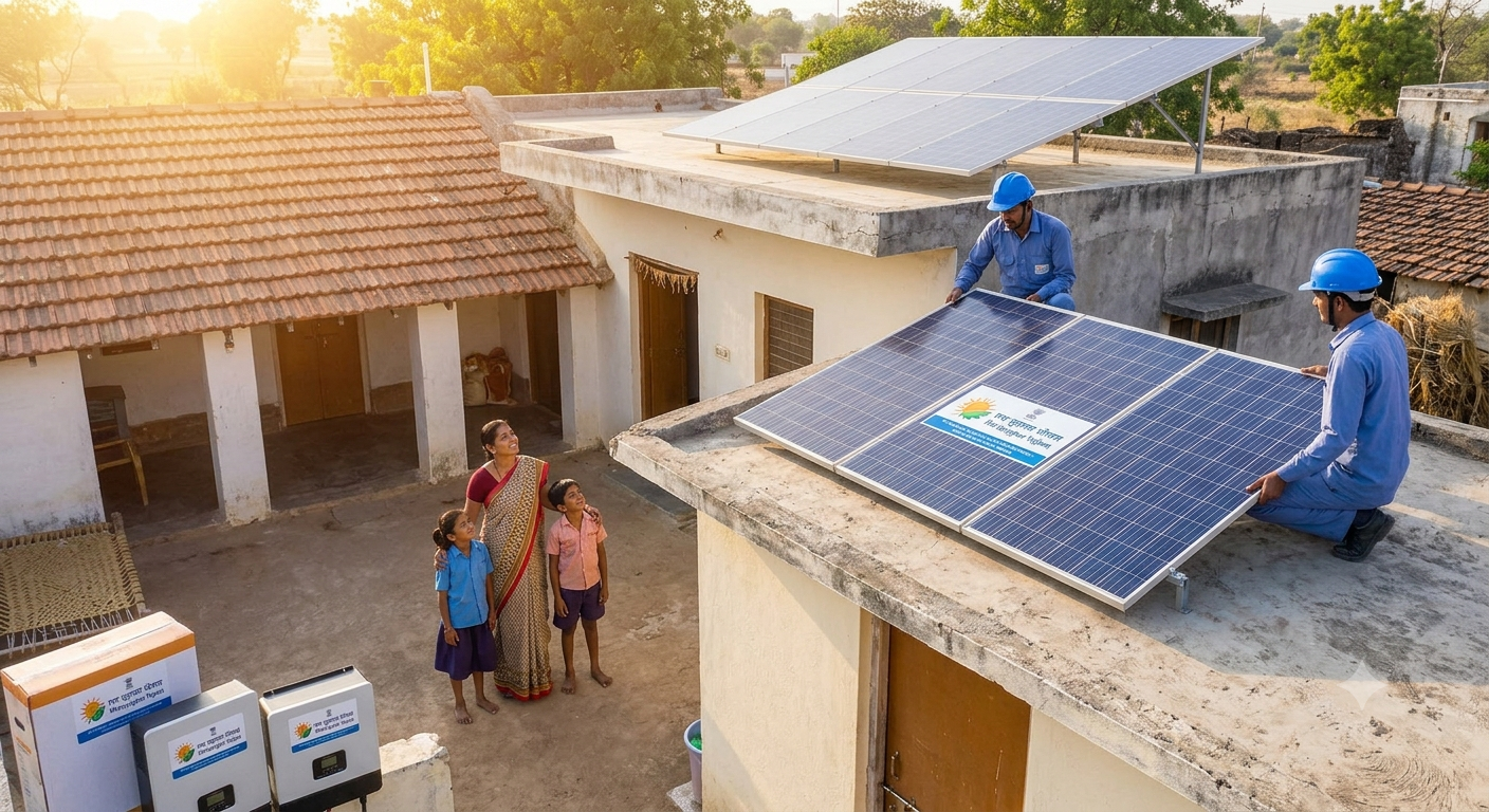 Family with a PM Surya Ghar Yojana rooftop solar installation